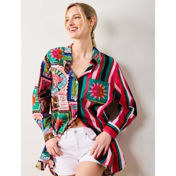 Printfresh Tops - PRINTFRESH Colorful Coast Classic Button Down With Pocket Vibrant Ink Size S/M